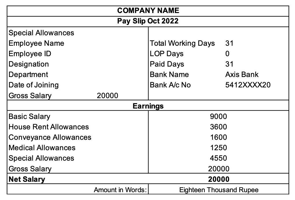 Recibo de sueldo sin PF y ESI en Excel