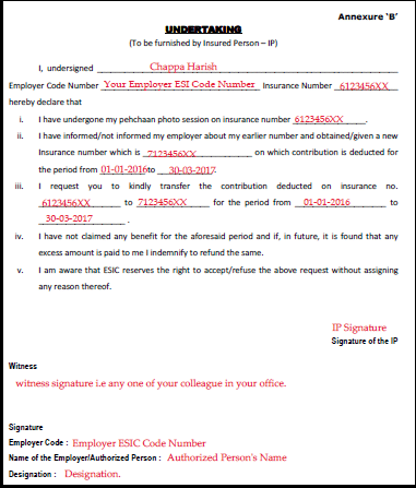 Ejemplo de formulario de transferencia de contribución de ESIC completado